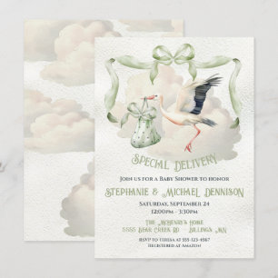 Stork Baby Shower Ribbon Bow Speciell Delivery Inbjudningar