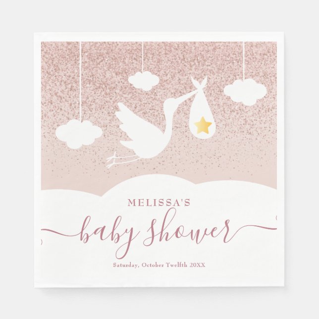 Stork Baby Shower Ro Guld Star Glitter Pappersservett (Framsidan)