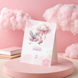 Stork Baby Shower - Rosa Clouds & Guld gnistra Bordsnummer