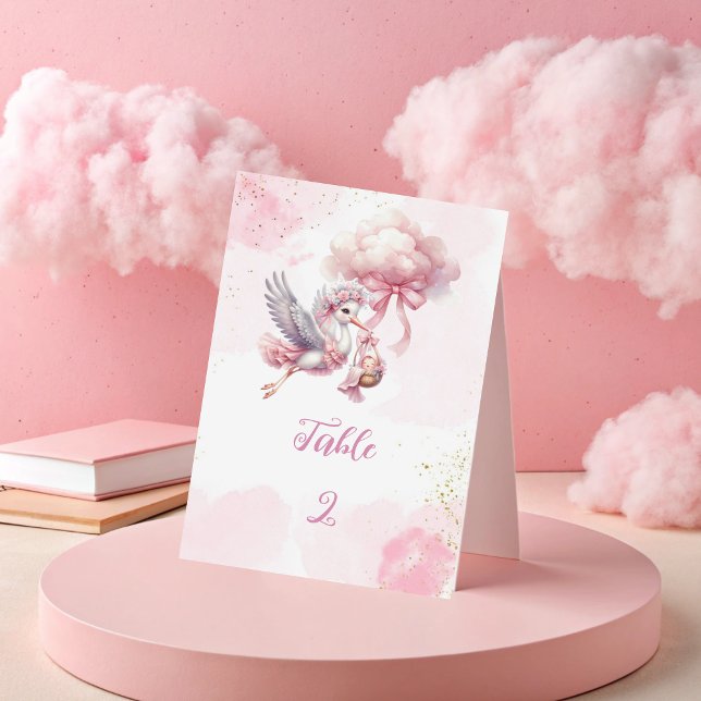 Stork Baby Shower - Rosa Clouds & Guld gnistra Bordsnummer (Skapare uppladdad)