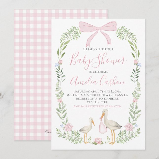 Stork Baby Shower Rosa Preppy Southern Girl Inbjudningar (Fram/baksida)