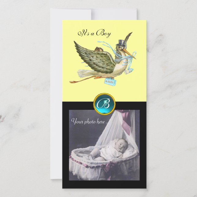STORK BABY SHOWER SQUARE MONOGRAM, aquamarine Meddelande (Framsida)
