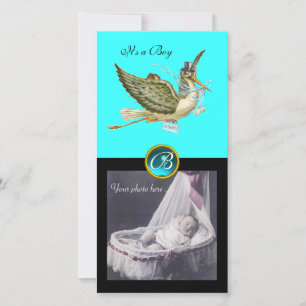 STORK BABY SHOWER SQUARE MONOGRAM, aquamarine Meddelande