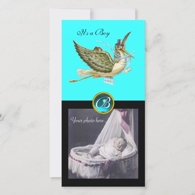 STORK BABY SHOWER SQUARE MONOGRAM, aquamarine Meddelande (Framsida)