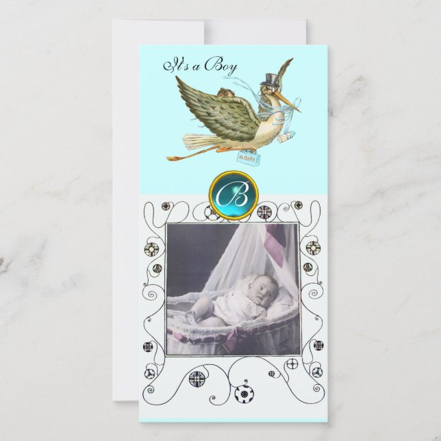 STORK BABY SHOWER SWIRLS MONOGRAM aquamarine Meddelande (Framsida)