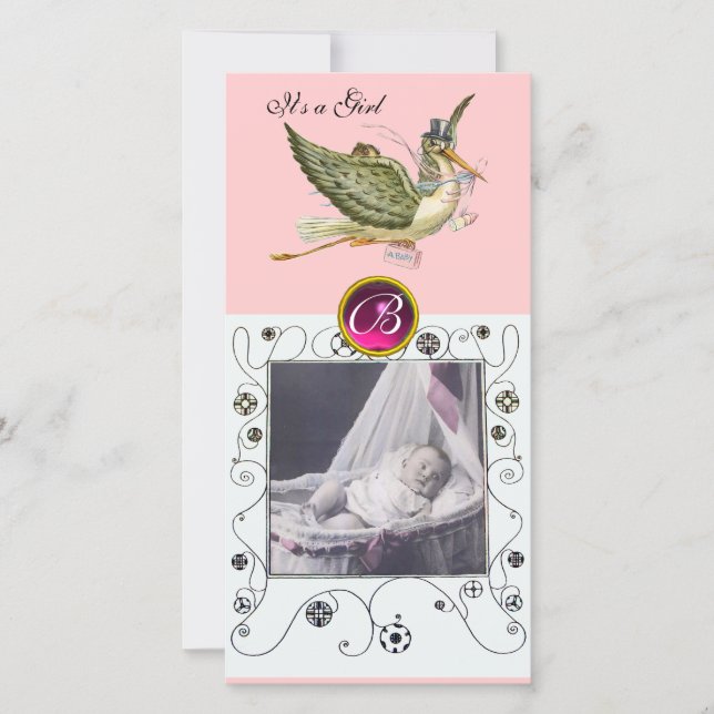 STORK BABY SHOWER SWIRLS MONOGRAM ruby white Meddelande (Framsida)