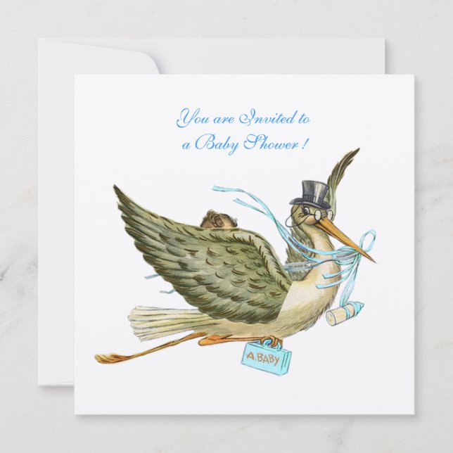 STORK BABY SHOWER ,vit champagnemetall Inbjudningar (Framsida)