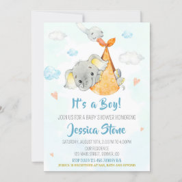 Stork babyduschinbjudan Boy baby elephant Inbjudningar