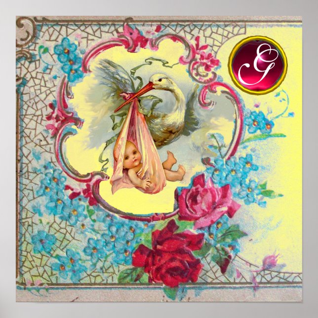 STORK BABYFlicka DÖPELSE Ruby Ädelsten Monogram Poster (Framsidan)