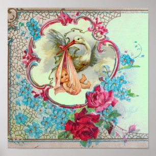STORK BABYFlicka FÖDSELSDAGSFIRANDE Grön Poster