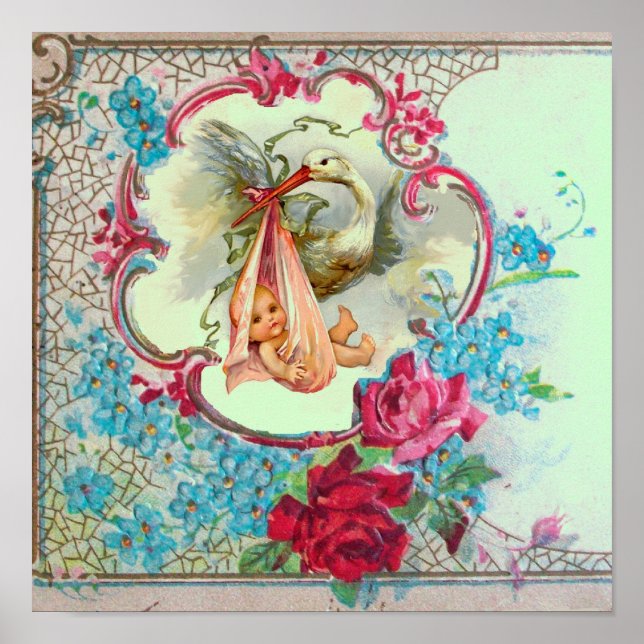 STORK BABYFlicka FÖDSELSDAGSFIRANDE Grön Poster (Framsidan)