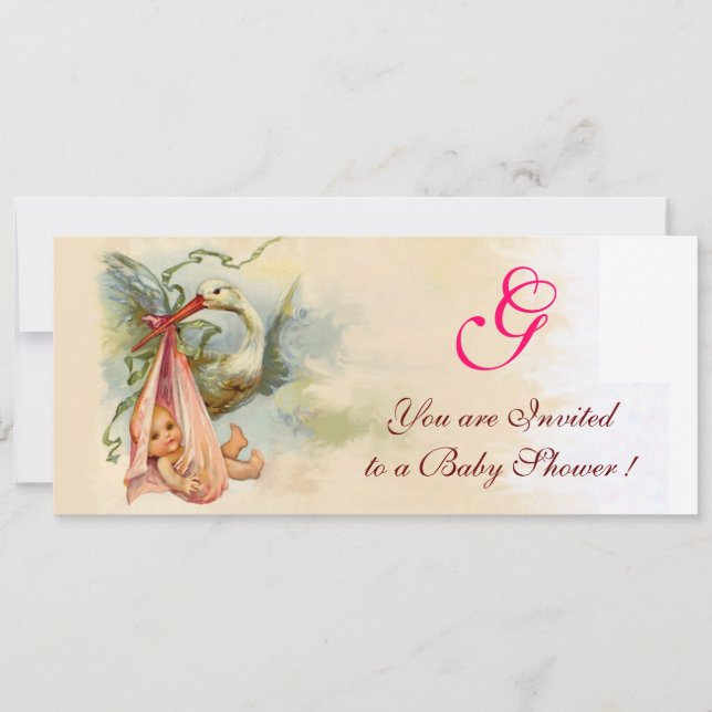 STORK BABYFlicka FÖDSELSED Monogram Inbjudningar (Framsida)