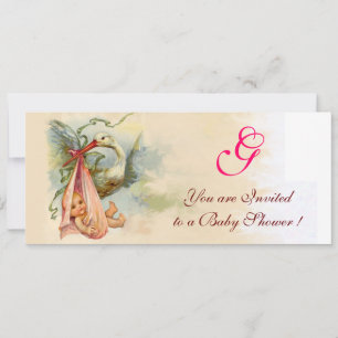 STORK BABYFlicka FÖDSELSED Monogram Inbjudningar
