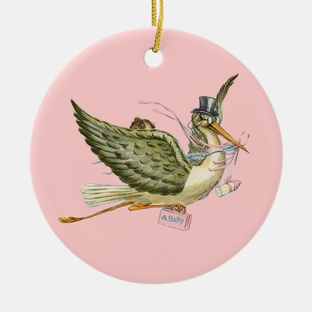 STORK BABYFlicka FÖDSELSED MONOGRAM  Röd Rubin Julgransprydnad Keramik (Framsidan)