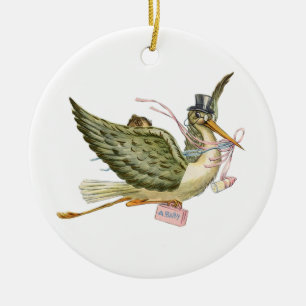STORK BABYFlicka FÖDSELSED MONOGRAM Röd Rubin Julgransprydnad Keramik