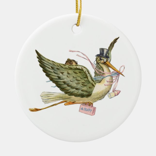 STORK BABYFlicka FÖDSELSED MONOGRAM  Röd Rubin Julgransprydnad Keramik (Framsidan)