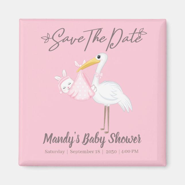 Stork Babyflicka Rosa Bris Shower Spara Datum Magnet (Framsidan)