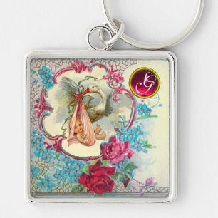 STORK BABYFLICKA SHOWER ÄDELSTEN MONOGRAM FYRKANTIG SILVERFÄRGAD NYCKELRING