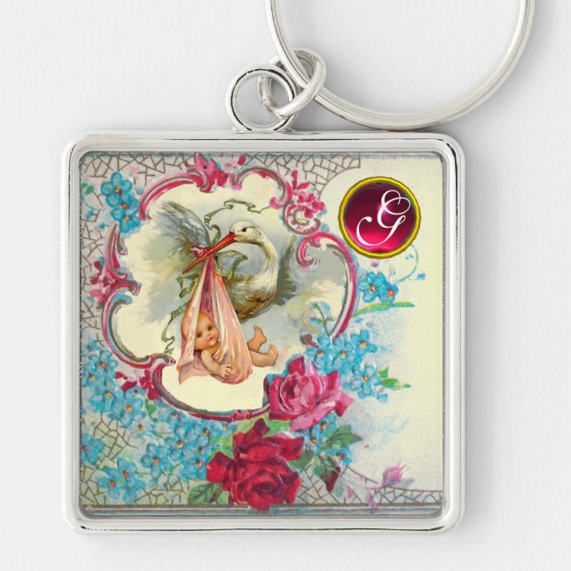 STORK BABYFLICKA SHOWER ÄDELSTEN MONOGRAM FYRKANTIG SILVERFÄRGAD NYCKELRING (Framsidan)