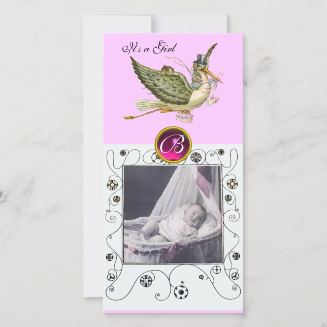 STORK BABYFÖRSÄLJNING VIRVLAR MONOGRAM ruby vit Meddelande (Framsida)