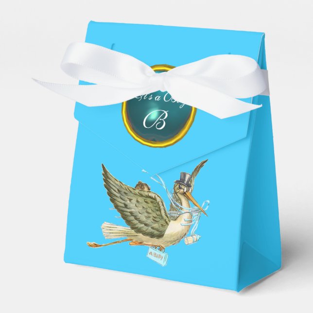 STORK BABYPOSEN DRÄNG BLÅ ÄDELSTEN MONOGRAM PRESENTASKAR (Framsidan Sidan)