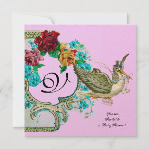 STORK BABYSHOWER 3 MONOGRAM, guldmetallic Inbjudningar