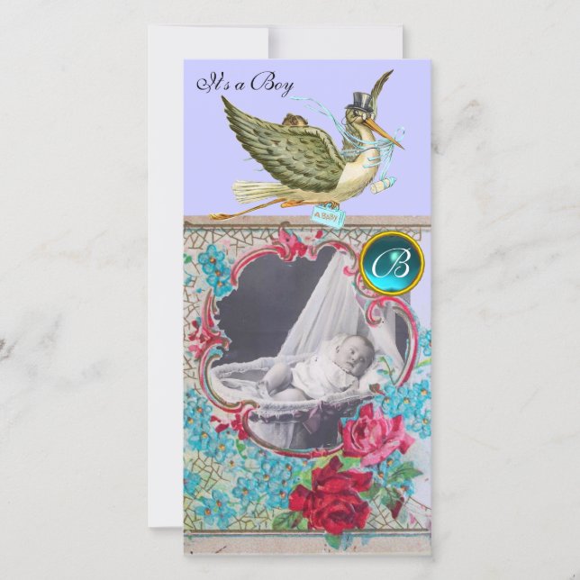 STORK BABYSHOWER MONOGRAM ,akvamarin Meddelande (Framsida)