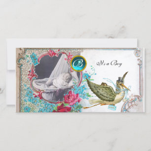 STORK BABYSHOWER MONOGRAM ,akvamarin,vit Meddelande