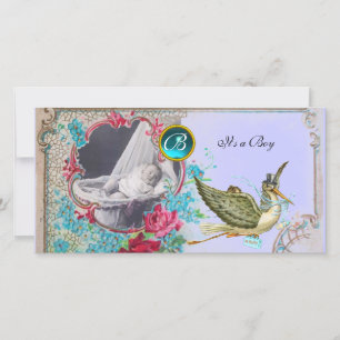 STORK BABYSHOWER MONOGRAM ,akvamarin,vit Meddelande