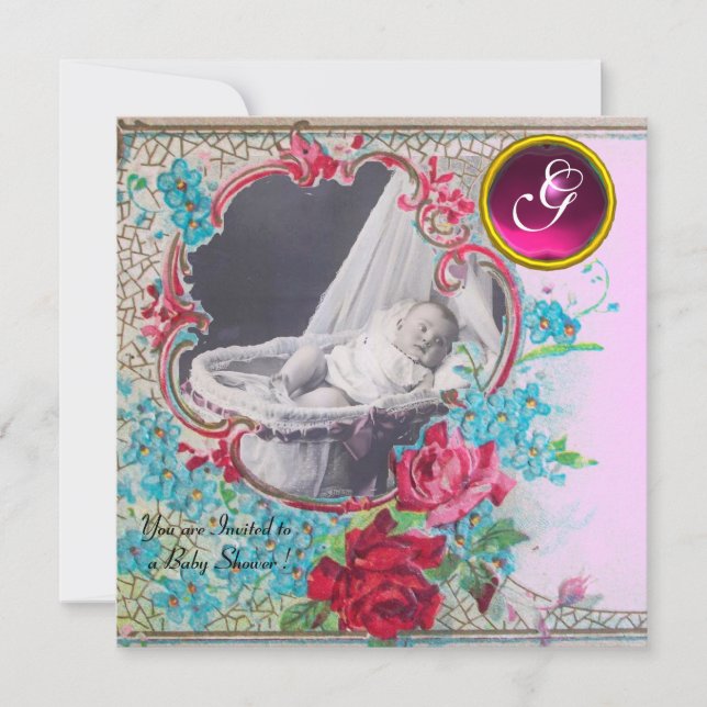 STORK BABYSHOWER-MONOGRAM FOTOMALL, vit Inbjudningar (Framsida)