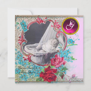 STORK BABYSHOWER-MONOGRAM FOTOMALL, vit Inbjudningar
