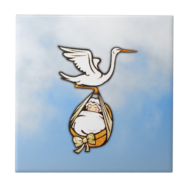 Stork bär ett Baby blue Himlar Kakelplatta (Framsidan)