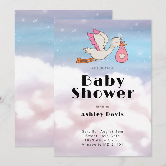Stork Bird Himlar och Cloud Baby Shower Inbjudningar (Fram/baksida)