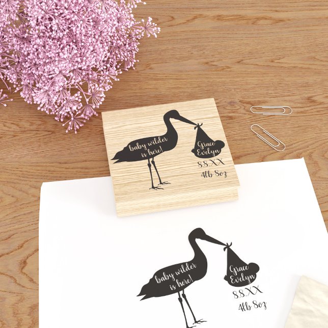 Stork Birth Notification Rubber Frimärke Stämpel (Celebrate the arrival of your baby bundle with this cute stork rubber stamp. Add your birth stats!)