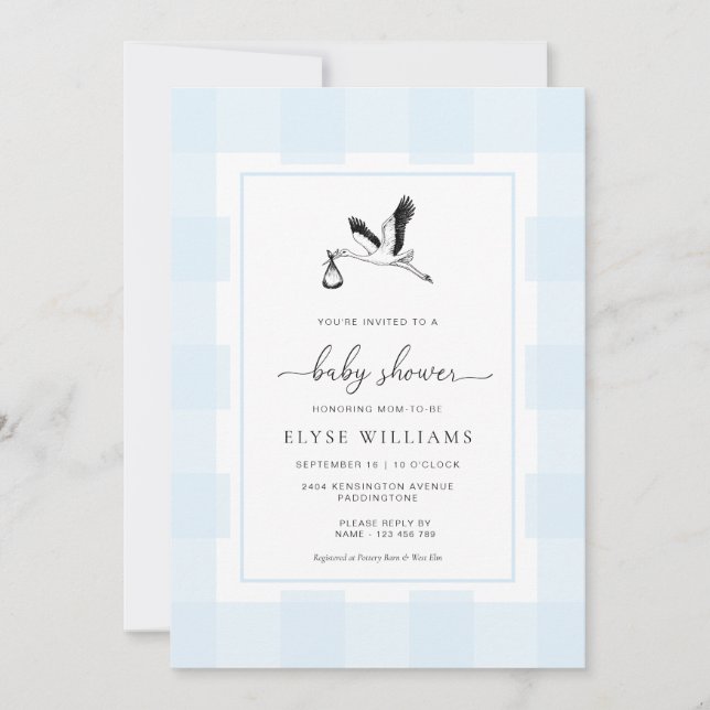 Stork Blue Gingham Baby Shower-inbjudan Inbjudningar (Framsida)