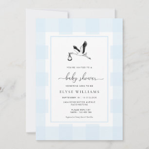 Stork Blue Gingham Baby Shower-inbjudan Inbjudningar