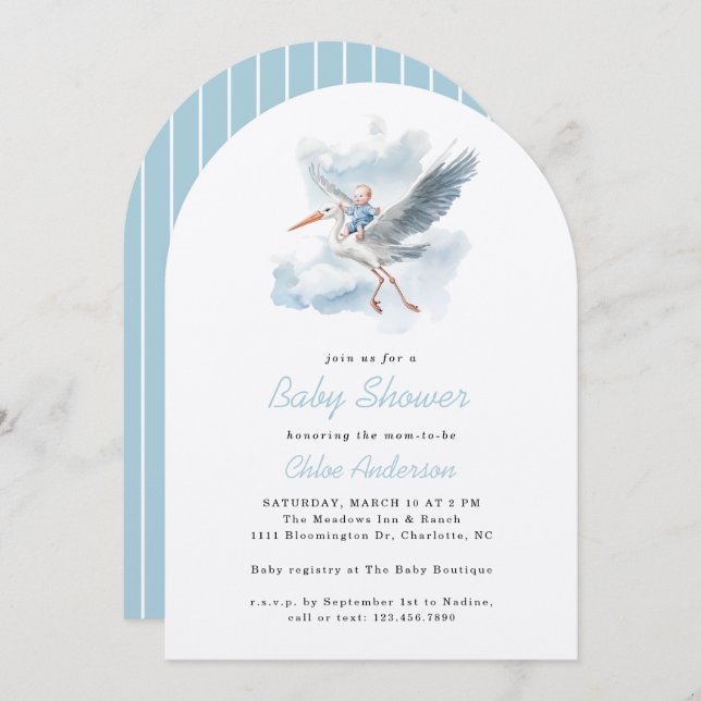 Stork Blue Pojke Watercolor Baby Shower Arch Inbjudningar (Fram/baksida)