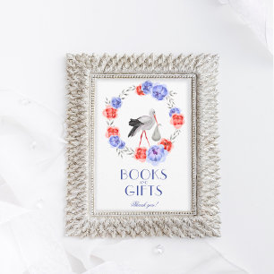 Stork Blue Red Blommigt Baby Shower Bord Sign Invi Inbjudningar