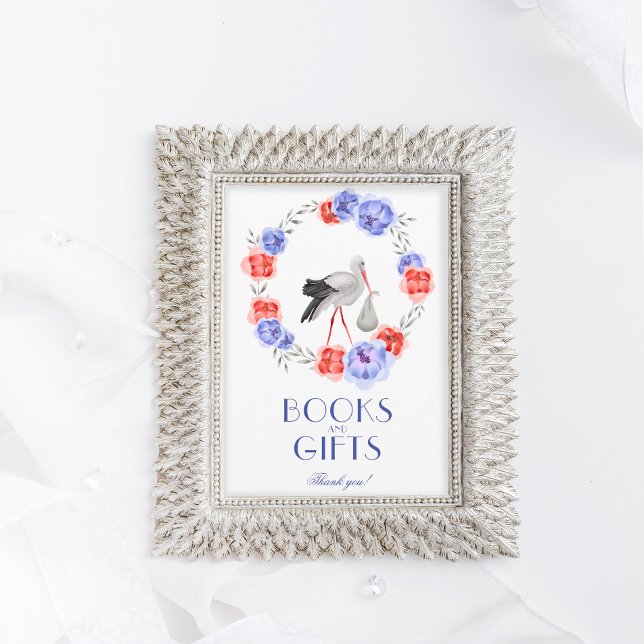 Stork Blue Red Blommigt Baby Shower Bord Sign Invi Inbjudningar (Skapare uppladdad)