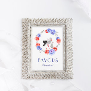 Stork Blue Red Blommigt Baby Shower Favor Bord-tec Inbjudningar