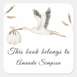Stork - Bokmärke för baby shower, böcker till bebi Fyrkantigt Klistermärke