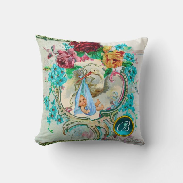 STORK BOY BABY SHOWER Blommigt Monogram Keepsaké Kudde (Framsida)