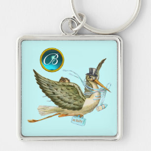 STORK BOY BABY SHOWER BLUE GEM MONOGRAM Teal Fyrkantig Silverfärgad Nyckelring