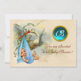 STORK BOY BABY SHOWER BLUE GEMSTONE MONOGRAM INBJUDNINGAR