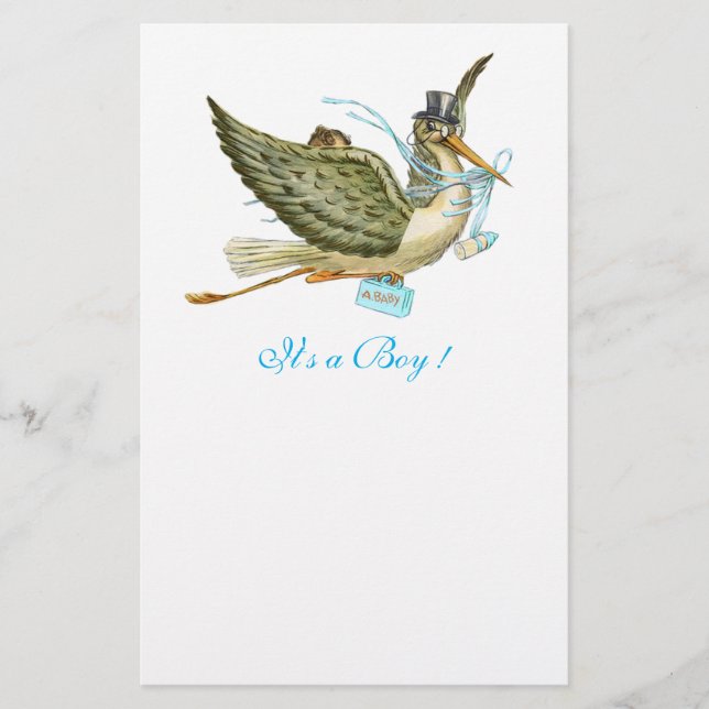 STORK BOY BABY SHOWER Blue White Brevpapper (Framsida)