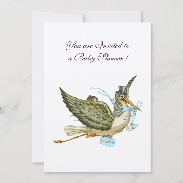 STORK BOY BABY SHOWER Blue White Champagne Inbjudningar (Framsida)