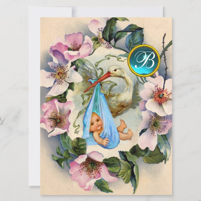 STORK BOY BABY SHOWER ,ROSA VILD RO MONOGRAM INBJUDNINGAR (Framsida)