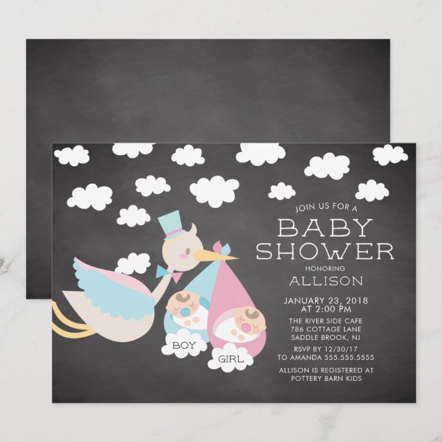 Stork & Boy Girl Twillingars Baby Shower-inbjudan Inbjudningar (Fram/baksida)