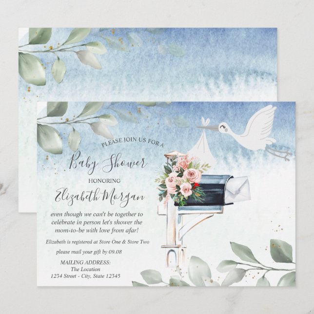 Stork Brevlåda Leverans Baby Shower Per Post Inbjudningar (Fram/baksida)
