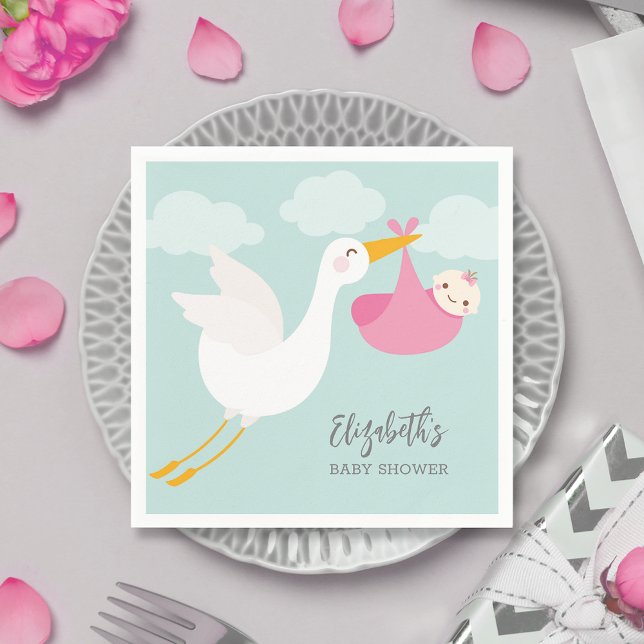 Stork Bundle Girl Baby Shower Pappersservett (Pink stork bundle girl baby shower personalized cocktail napkins)